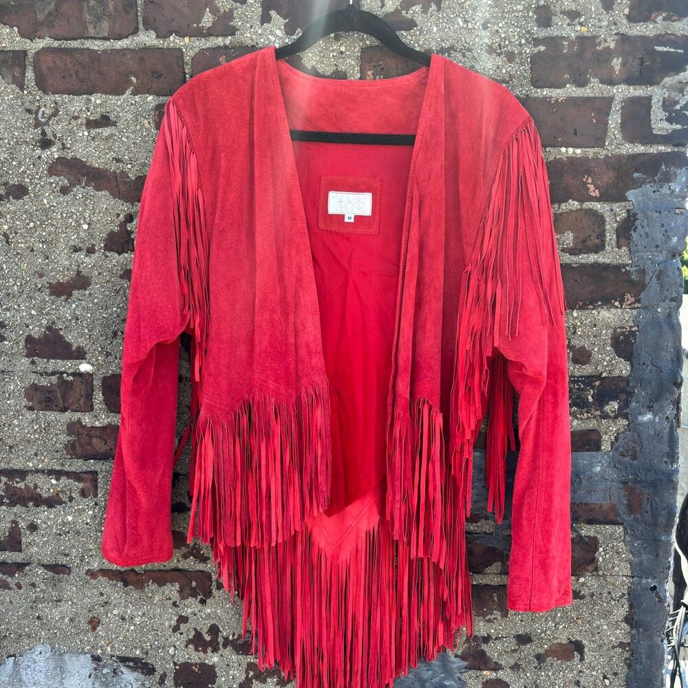 Vintage Cache Red Suede Leather Fringe Jacket Western Boho Made in USA Size M
